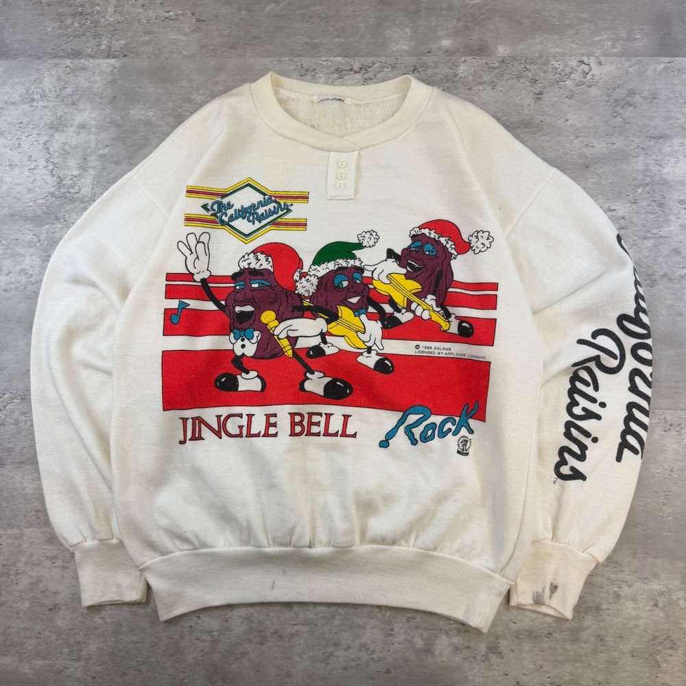 Vintage 1988 California Raisins Jingle Bell Rock Henley Sweatshirt Cream Large